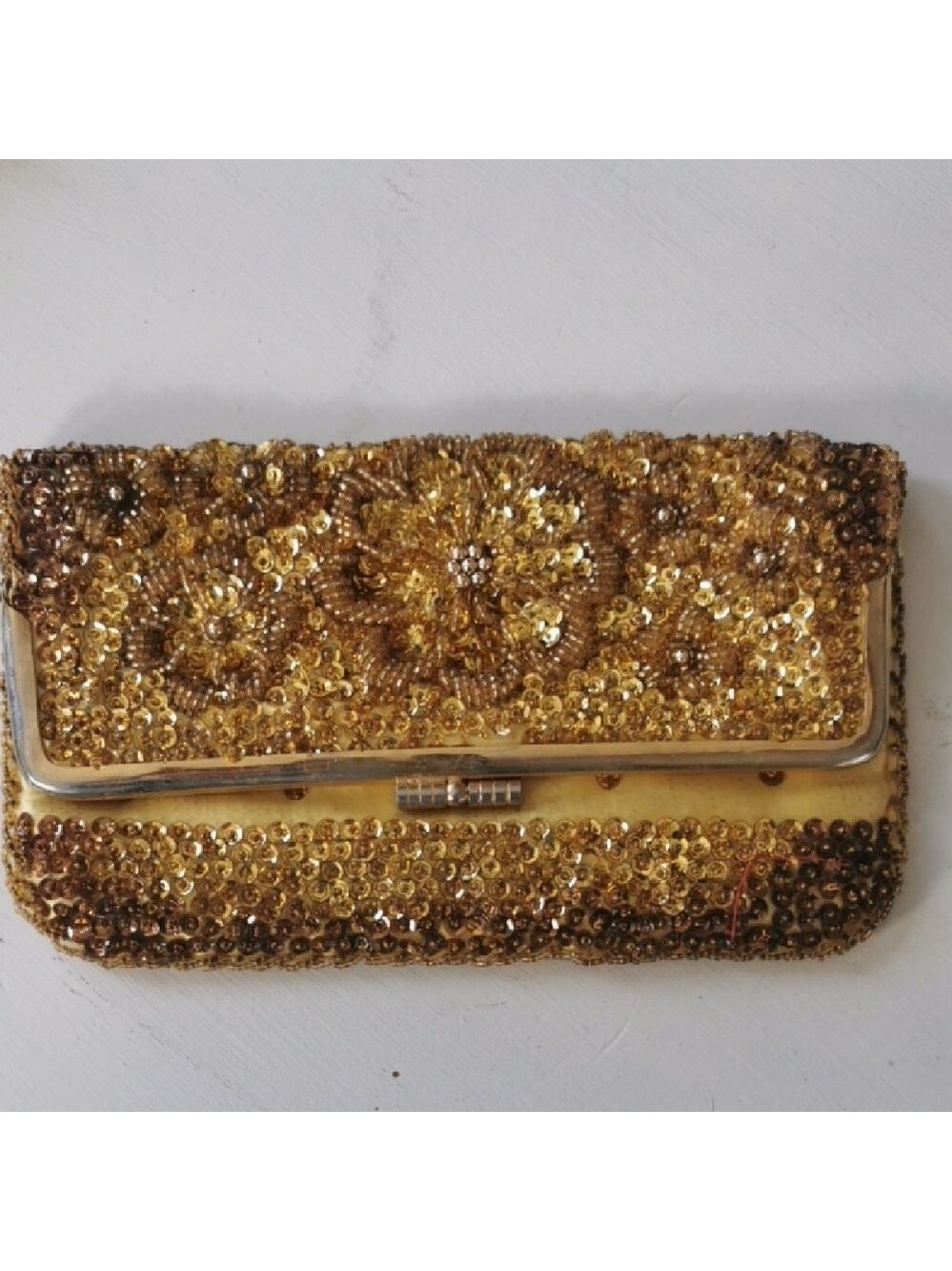 Vintage 50s,60s Yellow Gold Beaded Sequin Clutch Sequins Fold Over Clutch Bag